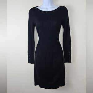 VTG Y2K Cache Black Ribbed Bodycon Sweater Dress Grommet Braided Detail Stretchy
